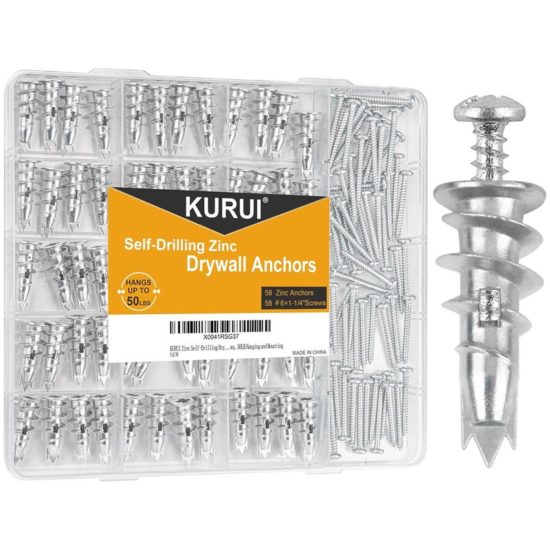 KURUI Metal Self Drilling Drywall Anchors, 116PCs Shatter-Resistant Wall Anchors and Screws Kit, 58 Heavy Duty Sheetrock Anchors + 58#6 x 1-1/4'' Screws, Zinc Hollow Dry Wall Anchors 50LB Hanging - Image 1